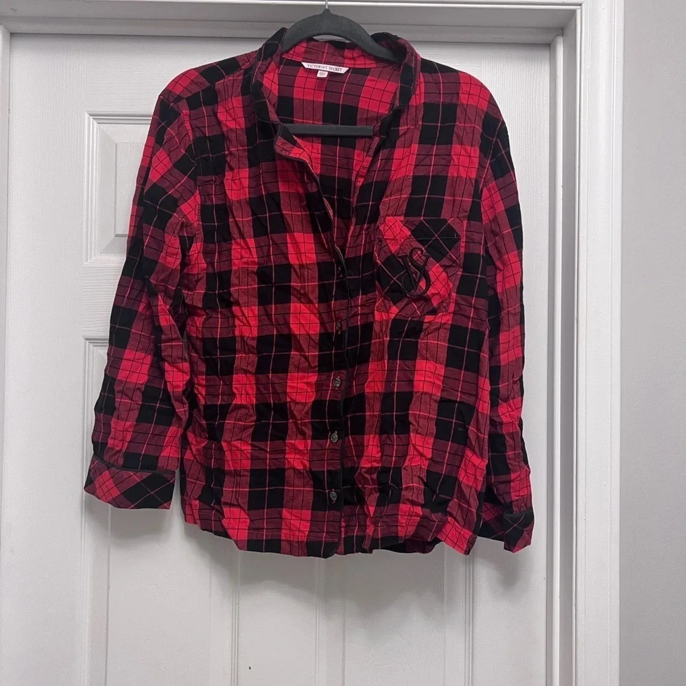 Victoria's Secret Red Plaid Night Shirt Christmas Size Small Embroidered Logo